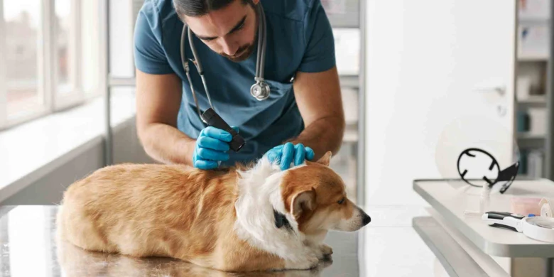 Veterinář vyšetřuje psa v ordinaci.