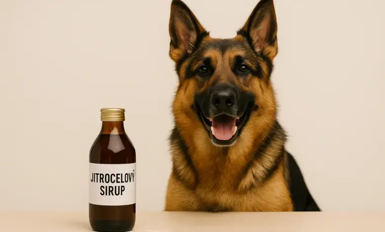 Německý ovčák sedí vedle lahvičky jitrocelového sirupu.