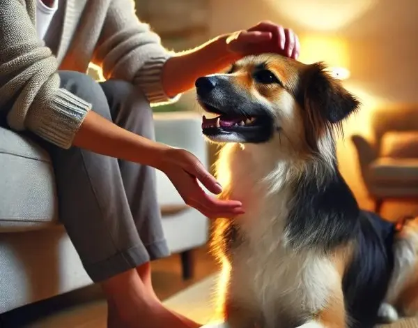 Osoba hladí šťastného psa v interiéru.