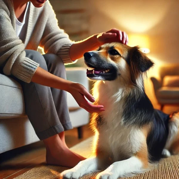 Osoba hladí šťastného psa v interiéru.