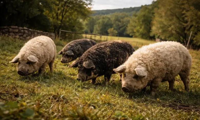Čtyři prasata plemene mangalica pasou se na trávníku.