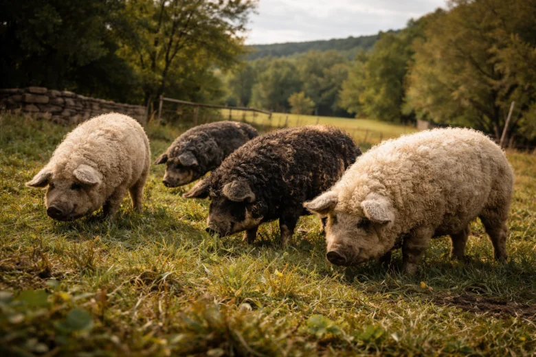 Čtyři prasata plemene mangalica pasou se na trávníku.