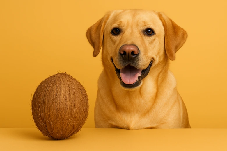 Žlutý labrador s kokosem na žlutém pozadí