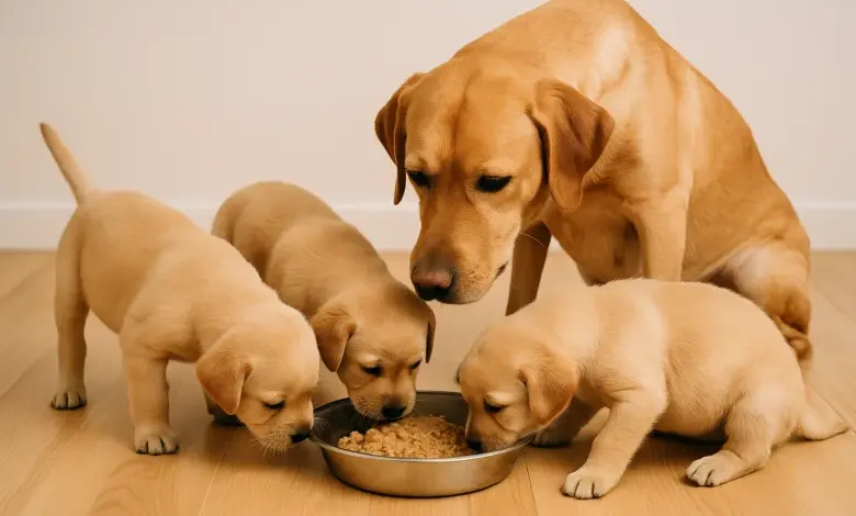 Matka labradorský štěňata krmit z misky s suchým jídlem.