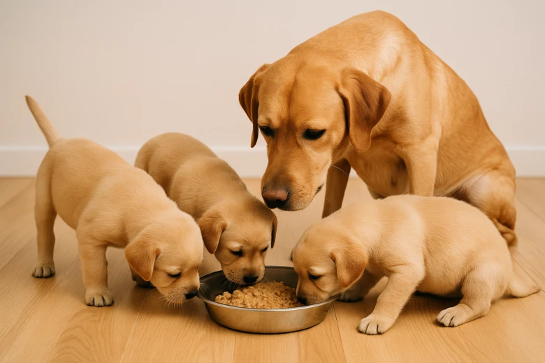 Matka labradorský štěňata jedí z misky s krmením