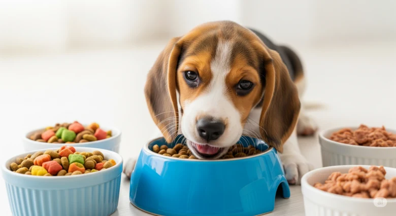 Beagle štěně jí z misky s psím krmivem.