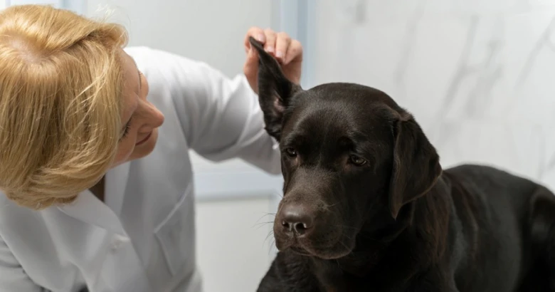 Veterinářka zkoumá ucho černého labradora v ordinaci.
