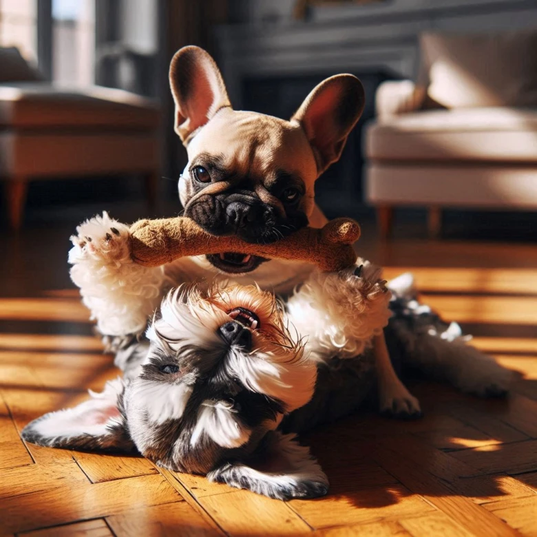 Two small dogs playing with toy