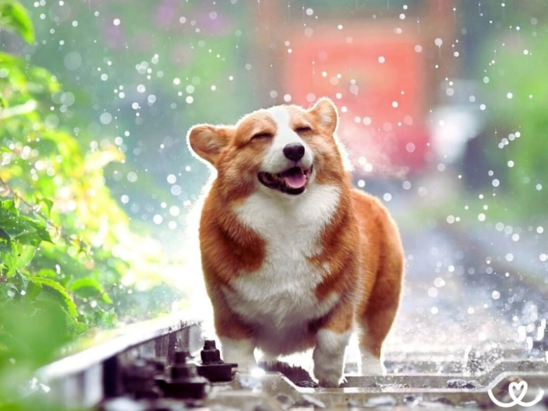 Šťastný welsh corgi štanduje na kolejích v dešti.