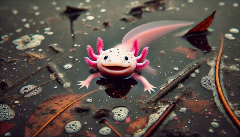 Růžový axolotl plave mezi listy v nádrži.