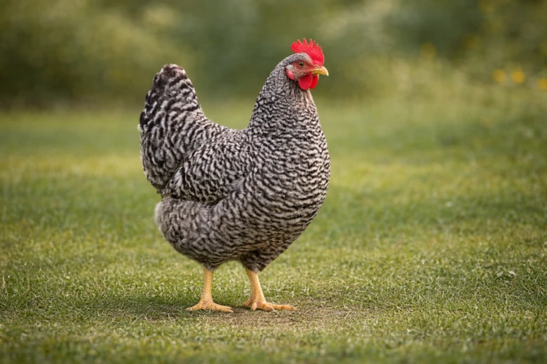 Hnědá slepice plemene Barred Rock stojí na trávníku.