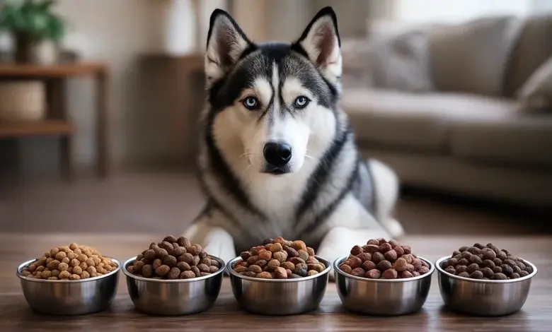 Husky pes sedí před pět miskami s suchým psím krmením.