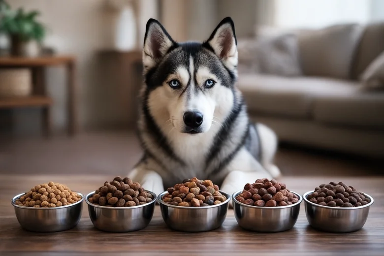Husky pes sedí před pět miskami s suchým psím krmením.