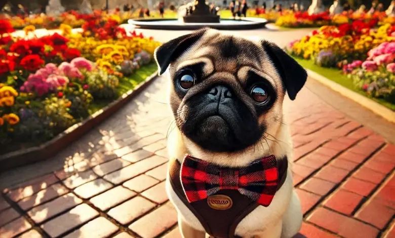 Mops v parku s květinami na pozadí