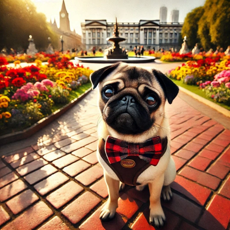Mops v parku s květinami na pozadí