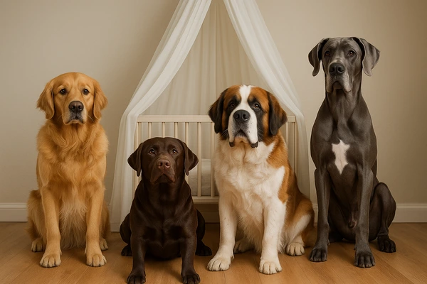 Four large dog breeds sitting together