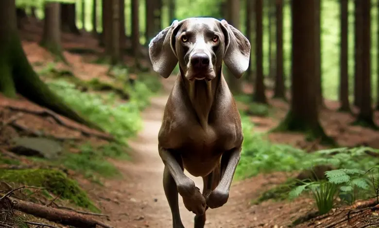 Weimaraner pes běží lesní cestou v přírodě.