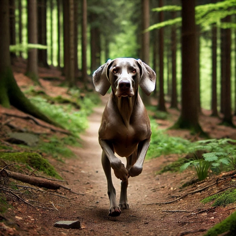 Weimaraner pes běží lesní cestou v přírodě.